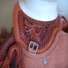 Half tooled Vaquero Lace with Daffodil flower Wade Saddle
built on a 94 degree bar that fits a well built muscular shoulders -
The seat is finished at 15 & 1/2 inch with a close contact deep pocket fit -
Gullet is 7 & 1/2 inch height by 6 & 1/2 width with the back hand hole width at 4 inch -
Horn is 6 inch height by 5 and 1/2 inch width Guadalajara at 31 degree pitch - Cantle is 4 and 1/2 inch in height by 12 & 1/2 in width with a Cheyenne roll - Flat plate riggin at 7/8ths
- leather lined 5 inch Stainless Steel Moran Stirrups .